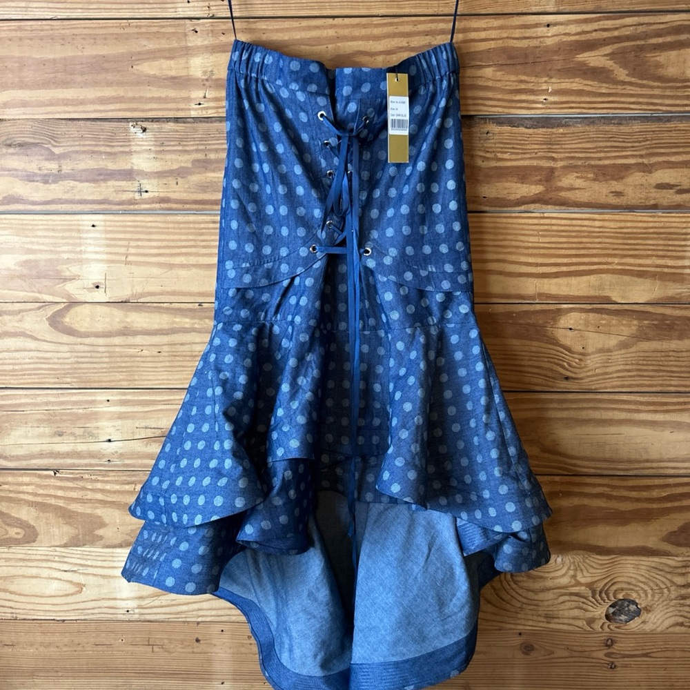 Chic Blue High-Low Skirt with Polka Dots